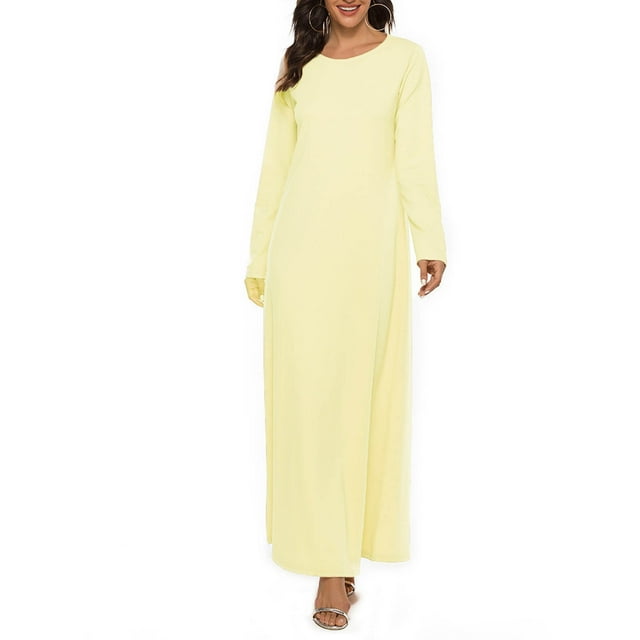 AherBiu Robe Maxi à Manches Longues pour Femmes, Col Ras du Cou, T-Shirt Basique, Décontractée, Ample, Grande