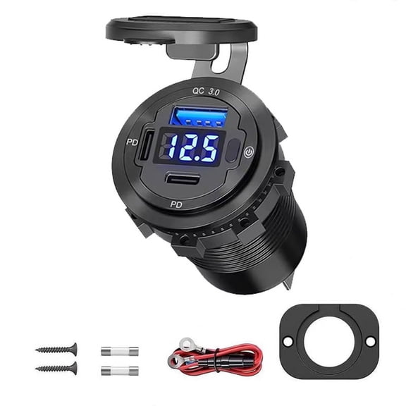 12/24V USB Outlet 3 Port USB C Dual PD 30W and 18W USB A Port with Voltmeter Lengthened Aluminum Body Switch Waterproof Usb Panel Mount Charger for Car Boat Marine RV