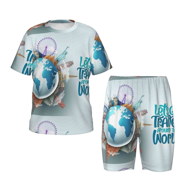Balery Let's go Travel Around the World Conjunto de Pijama Infantil de Manga Corta con Estampado – Ropa de Dormir de Algodón Suave-XX-Large