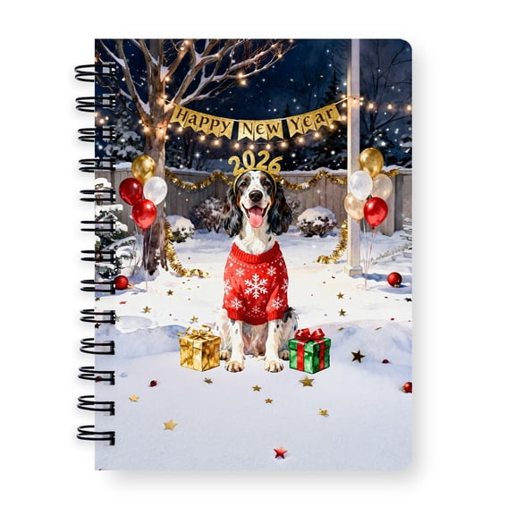 Happy New Year 2026 English Setter Holiday Balloons Party Snow Spiral Bound Journal Dog Lover 5x7in Spiral Notebook - 13018