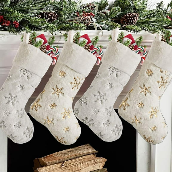 2 Pack Christmas Stockings, 16 Inch Large Faux Fur Sequin Snowflake Christmas Stockings，Snowy White Xmas Stockings Hanging Ornaments for Christmas Holiday New Year Decorations