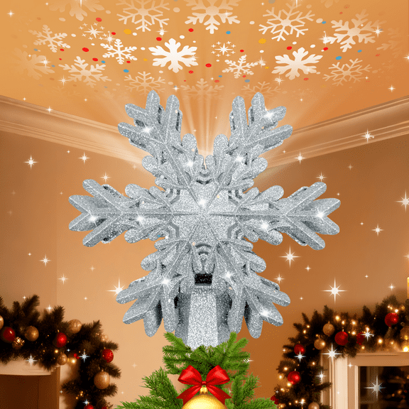 Christmas Tree Topper Lighted with Snowflake Projector, LED Rotating Magic Snowflake, 3D Hollow Glitter Lighted Snow Tree Toppers for Christmas Party Holiday Indoor Decor, Sliver