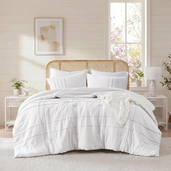 Regency Heights Full Comforter Set , Boho 3-Piece Pintuck Stitching Bedding Set, Soft Washed Pleated Bed Sets with Pillow Sham White