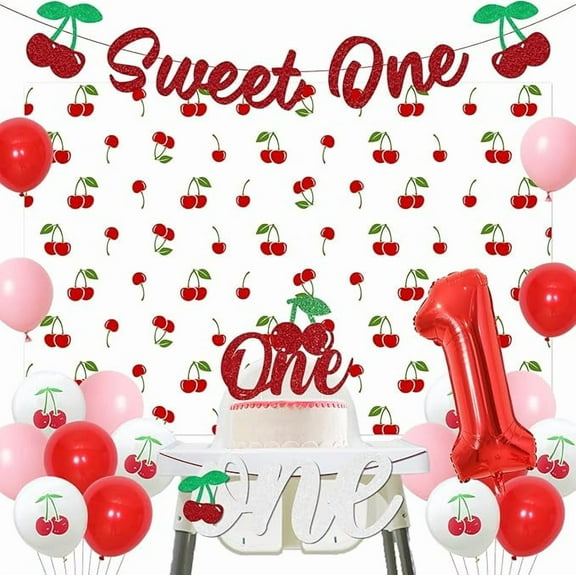 Cherry 1st Birthday Party Decorations Sweet One Banner High Chair Cherries Backdrop Red Glitter Sweet One Cake Topper Number 1 Foil Balloon for Girl Fruit First Birthday Party Supplies