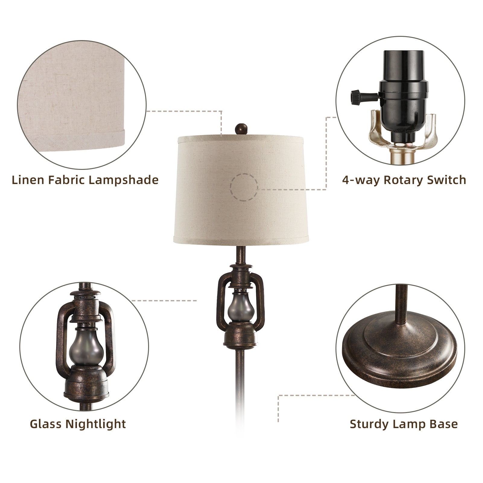 JUJUYUYOP 63" Linen Lampshade Vintage Country Farmhouse Style Floor Lamp with Lantern Night Light, Suitable for Living Room, Bedroom, and Office (Bulb Included)