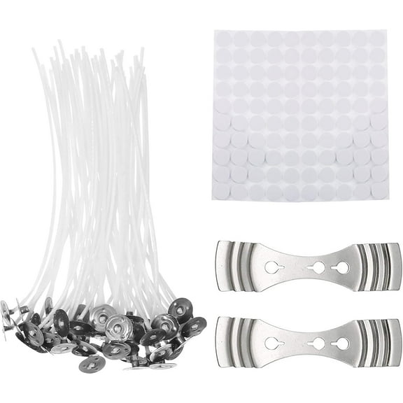 202 PCS Candle Wicks Set, 100 PCS Natural Cotton Core Pre-waxed Candle Making Wicks Candle Making Kit with 2 Wick Fix Holder & 100 Candle Wicks Stickers for DIY Making Candles Soy Wax (10cm & 15cm)