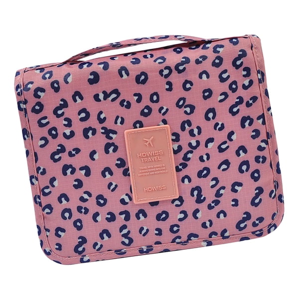 Neceser de viaje de gran capacidad con gancho para colgar, diseño de leopardo rosa, como se describe.