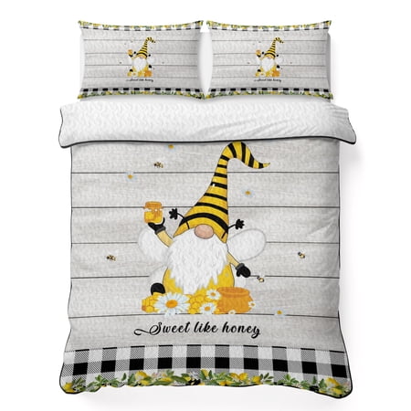 Sweet like Honey Gnome Twin Quilt Bedding Set Lemons Flower Green Leaf Summer Fruit Lightweight Comforter with 2 Pillow Shams Bedroom Bedspread Set Home Decor for All Seasons