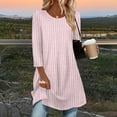 thumbnail image 2 of successthop Womens Shirts Curved Hem 3/4 Sleeve Tunic Top Long Crewneck Pullover Sweater Stripe Fall Winter Clothes Pink, 2 of 6