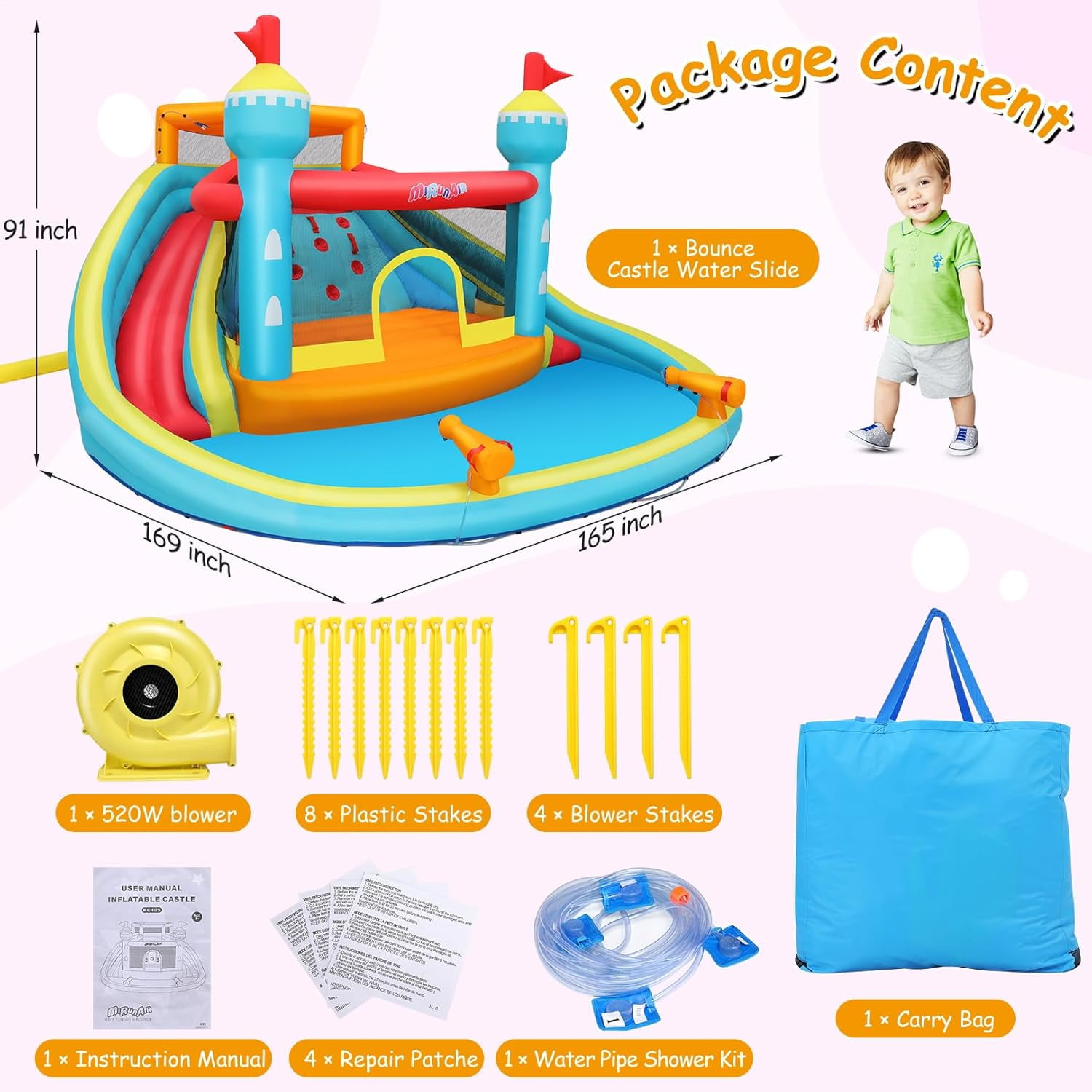 Adnoom 13.8FTx14.1FT Inflatable Pool Water Slide with Double Slides, Indoor Bounce House W/520W Blower,Jumpy House,climbing Wall&Water Cannon,Large Inflatable Water Park for Big Kids 3-10