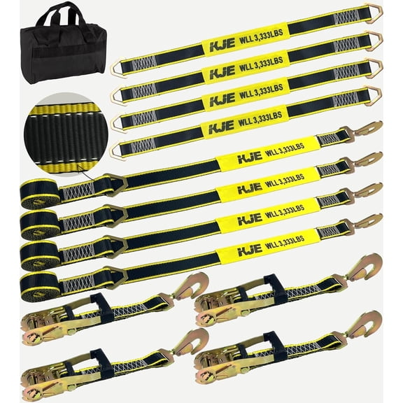 Heavy Duty Trailer Tie Down Straps with Reflective - (4) 2" x 10' Ratchet Straps with Snap Hooks, (4) Axle Straps 2" x 36'' - 10,000lbs Break Strength - Use for , , UTV Transport