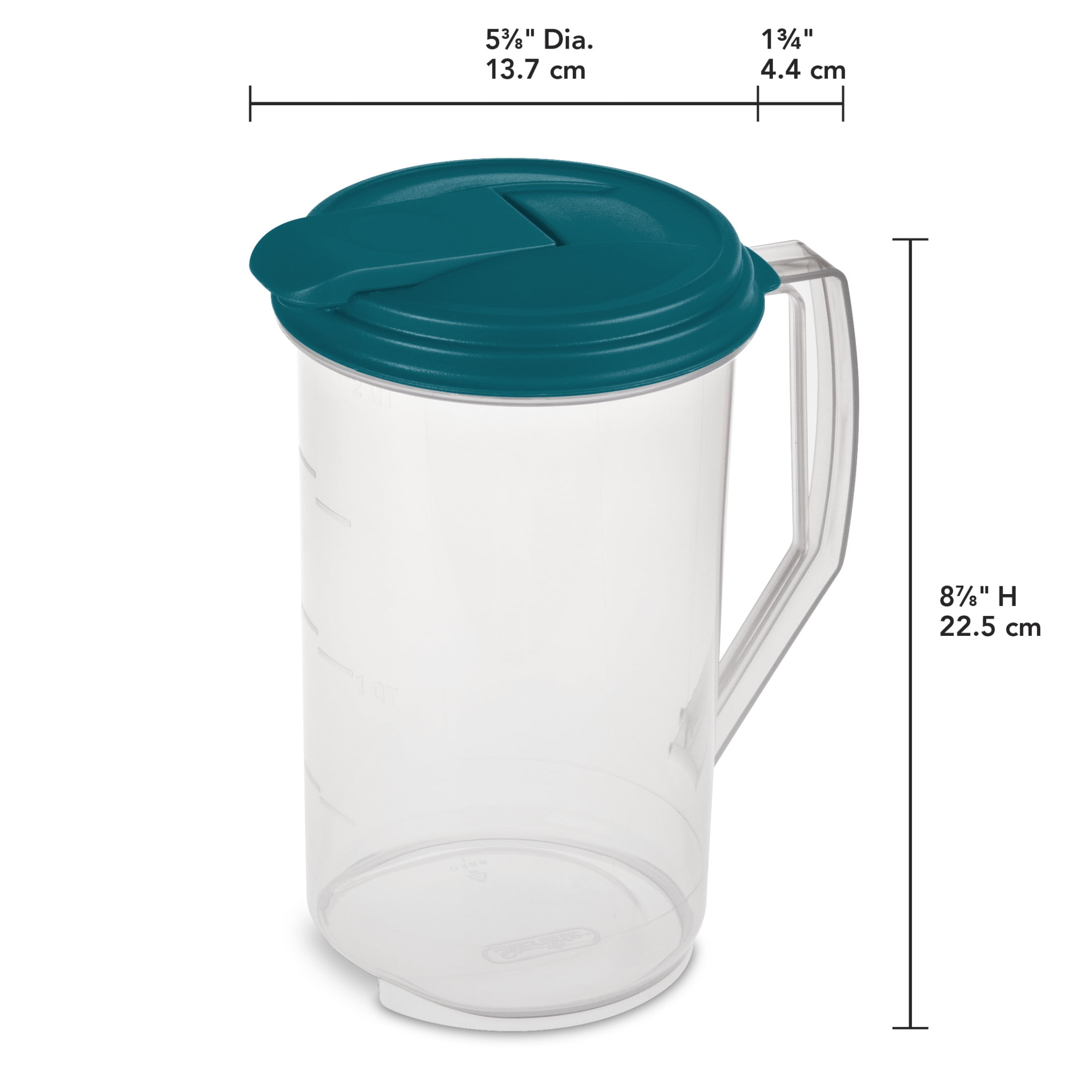 (6 pack) Mainstays 2 Quart Round Pitcher, Clear Plastic with Flip-top Spout, Handle and Measure Marks, BPA-Free, Teal Lid