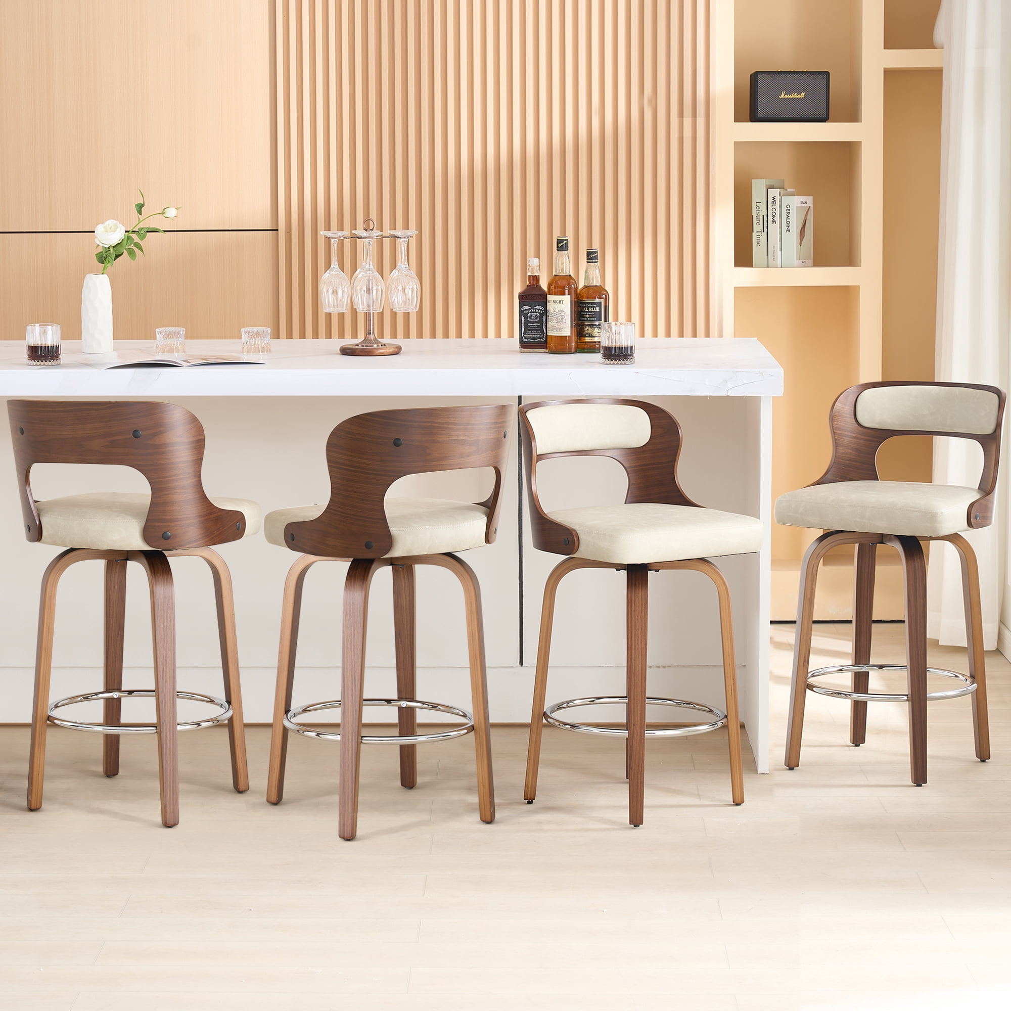 FANCROU 26 inch Swivel Counter Height Bar Stools Set Of 2, PU Leather Seat With Bentwood Back And Legs, Beigegrey
