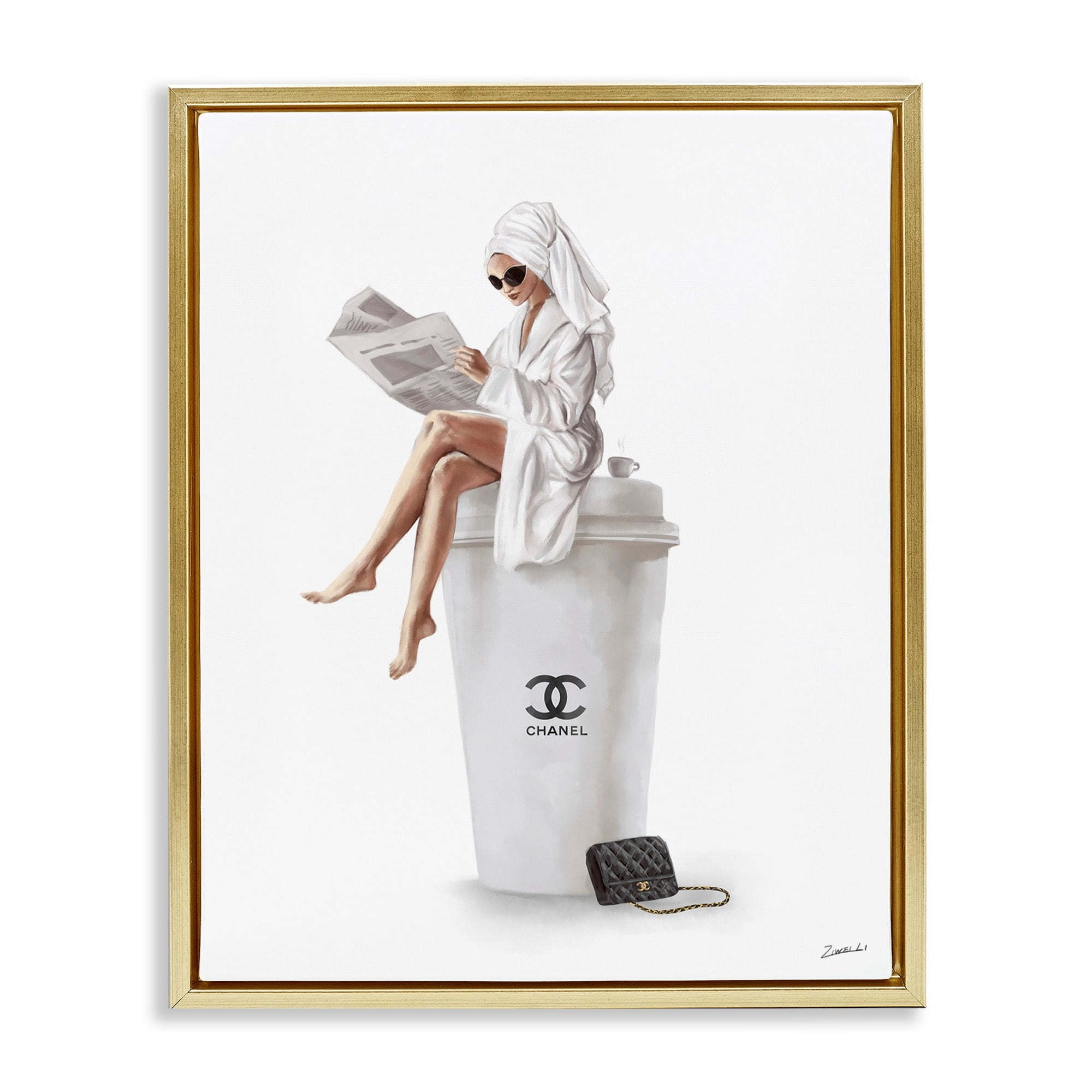 Stupell Industries Chic Fashion Coffee and Purse Female Robe Pose Metallic Gold Framed Floating Canvas Wall Art, 16x20, by Ziwei Li