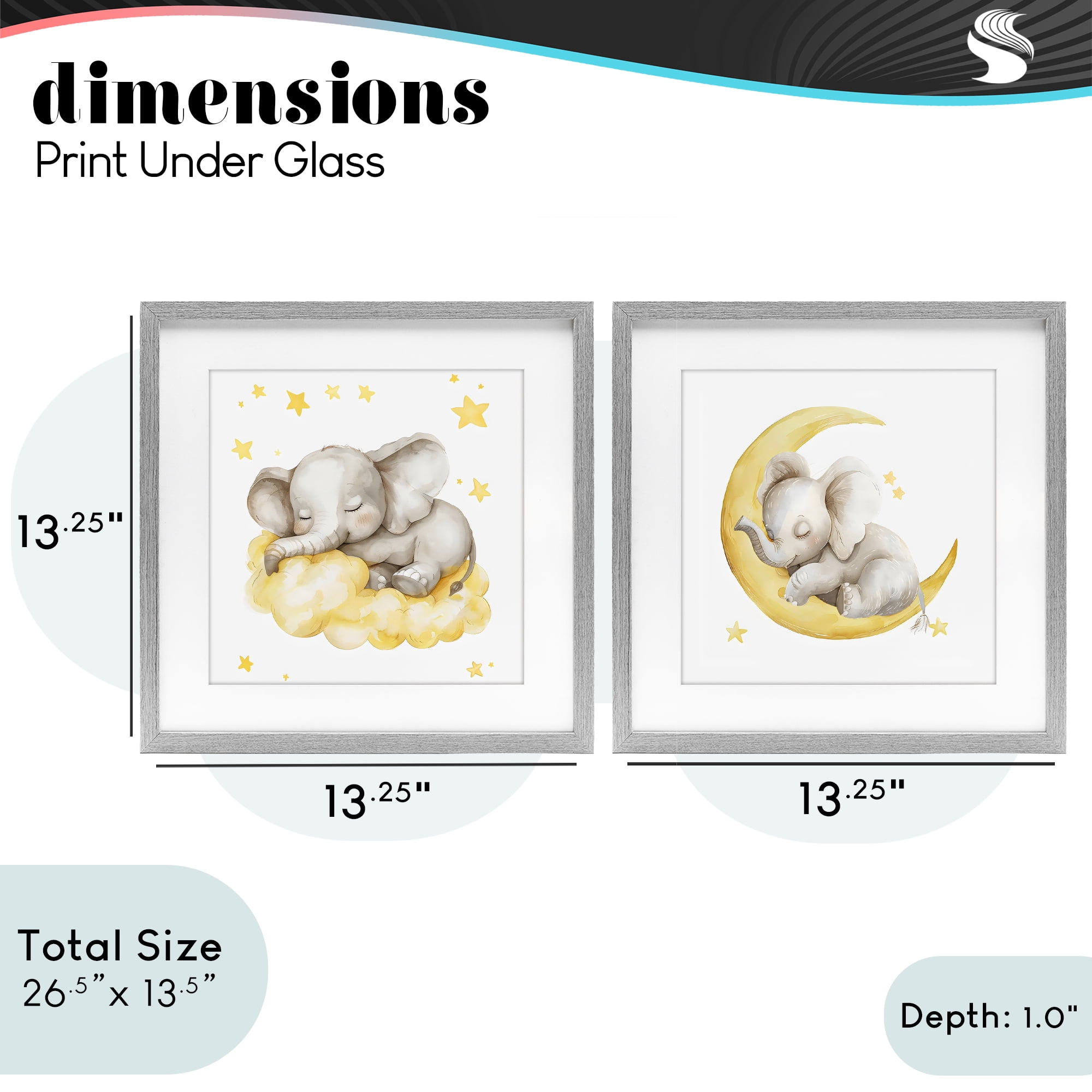 Stupell Industries Sleeping Elephant Moon and Clouds 2 Piece Gray Framed Print Under Glass Set, design by LSR Design Studio