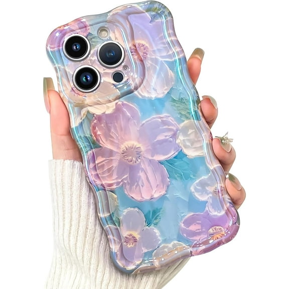 Compatible with iPhone 14 Pro Case Cute Colorful Retro Oil Painting Printed Flower Designed for Women Girls, Water Ripple Curly Wave Frame TPU Bumper Phone Cover 6.1" Floral