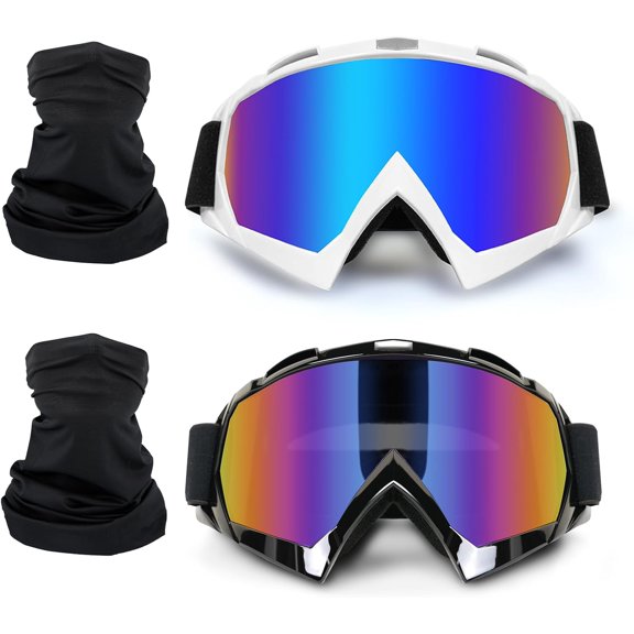 Motorcycle Goggles 2 Pack ATV Dirt Bike Motocross Riding Accessories Men&Women Ski Goggles with Neck Breathable Bandana Mask