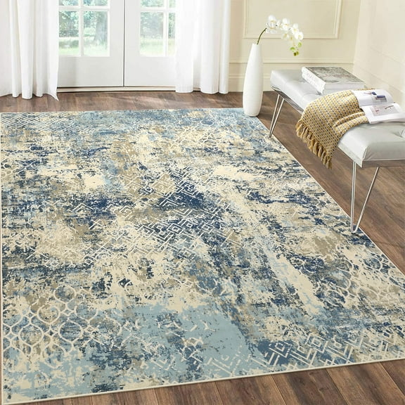 FairOnly 8'x10' Blue Machine Washable Area Rugs for Living Room Modern Abstract Rugs Low Pile Soft Rugs for Bedroom Home Office Carpet