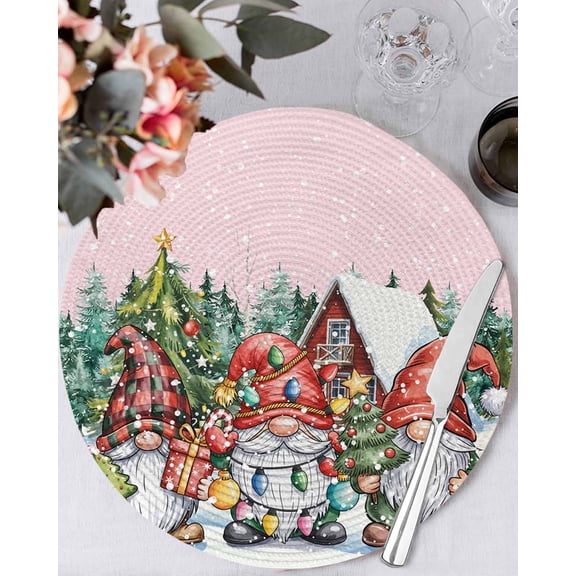 15 Inch Round Placemats Set of 4, Pink Christmas Gnomes Non Slip Heat Insulation PP Table Mats, Xmas Winter Forest Pine Tree Washable Place Mats for Kitchen Dining Party Table Decor