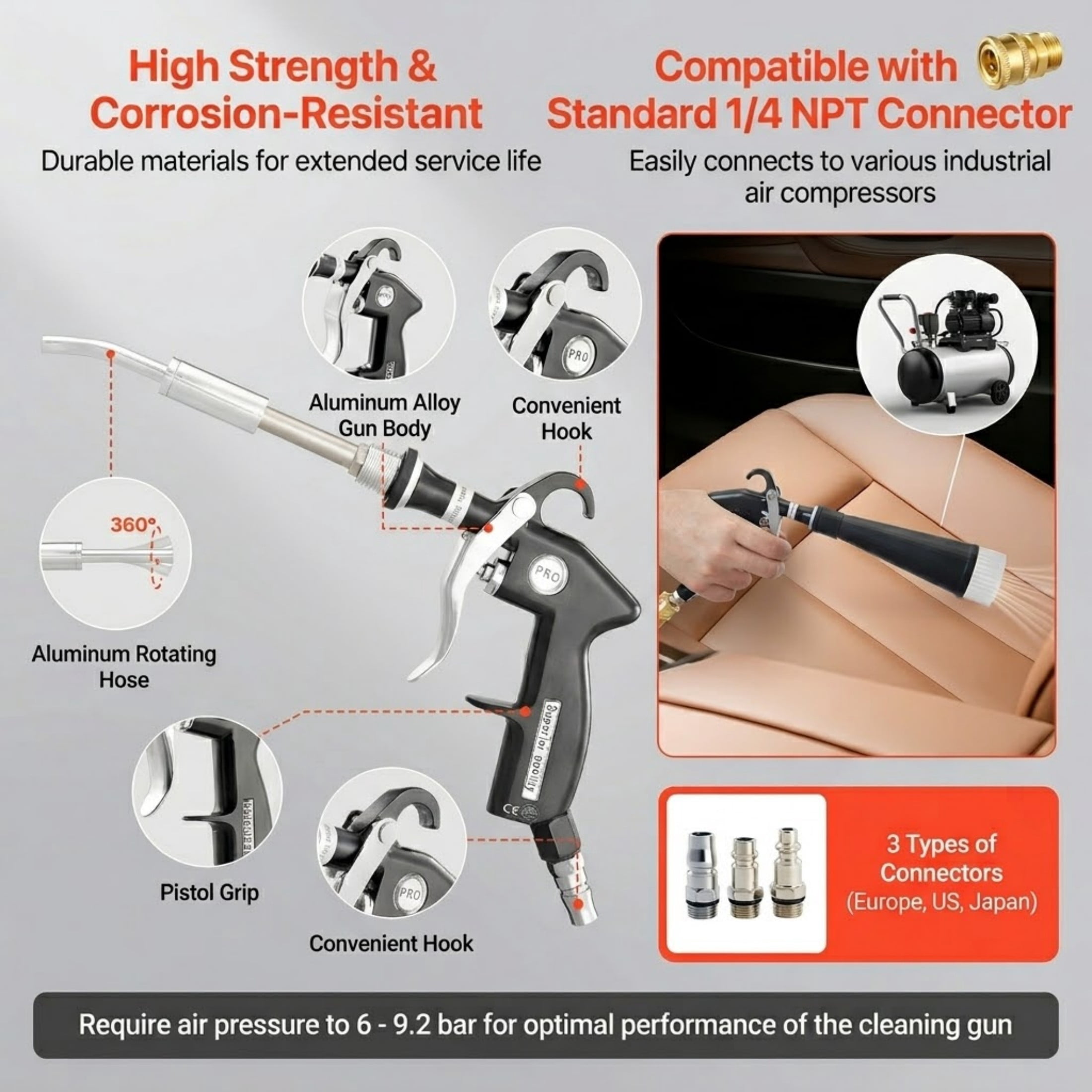 High-Pressure Car Cleaning Gun with 360° Rotating Nozzle, 6-9.2 Bar Air Blow Gun for Detailing, Includes 2 Nozzle Set, Fits 1/4" NPT Air Compressor