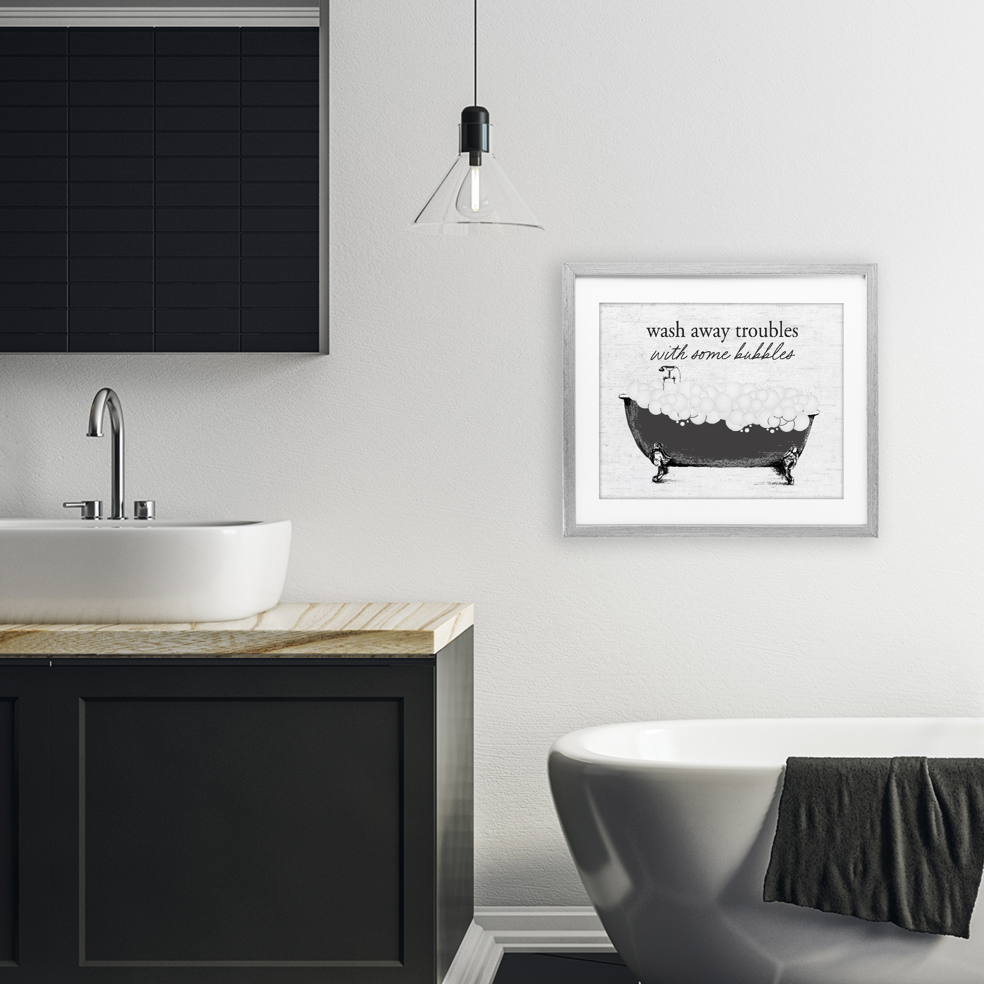 Uplifting Bubble Bath Rhyme Gray Framed Print Under Glass, design by Lettered and Lined