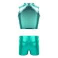thumbnail image 2 of Manyakai Kids Girls 2 Piece Dance Outfits Shiny Crop Top Sports Bra with Shorts Set Gymnastics Blue Green 6, 2 of 5