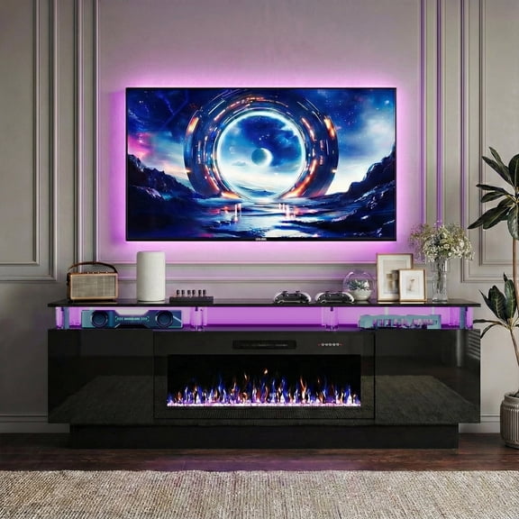 Waleaf 70" Fireplace TV Stand with Glowing Acrylic Pillars, 36" Electric Fireplace for TVs Up to 80", High Gloss Entertainment Center with 20-Color LED Lights, Black