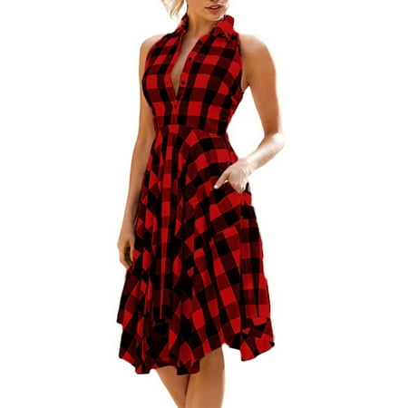 - OUMY Women Sleeveless Asymmertrical Hem Plaid Dress