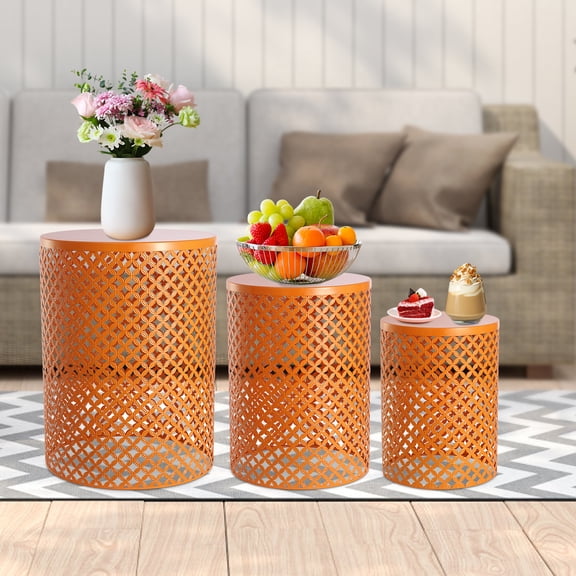 Set of 3 Orange Iron Side Tables Modern Cylindrical Outdoor Indoor Patio End & Couch Tables