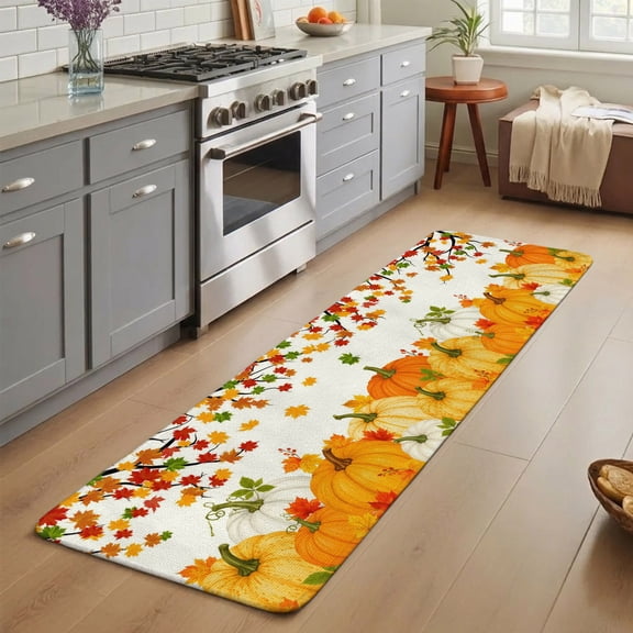Fall Harvest Washable Runner Rug 2X5 ft Orange Yellow White Pumpkins Red Green Maple Leaf Non-Slip Hallway Runner Rug, Linen Kitchen Runner Mats, Indoor Floor Carpet for Entryway Bedroom Living Room