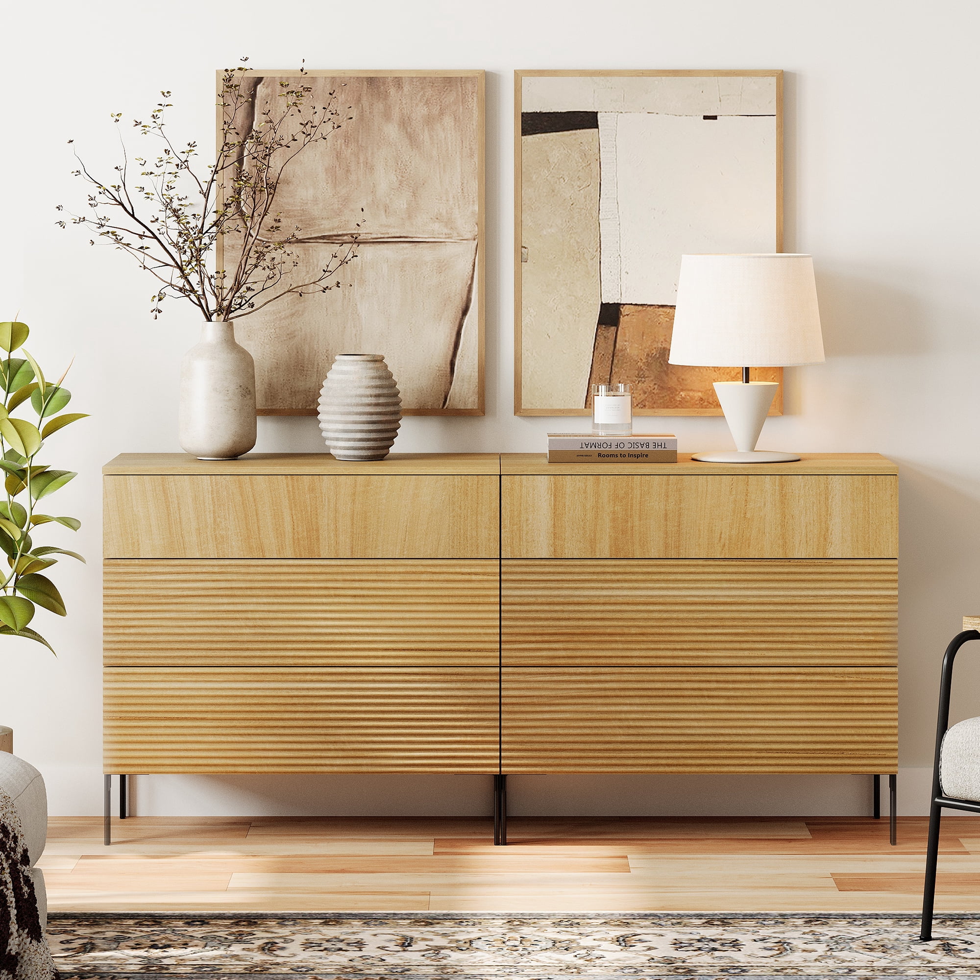 63" Wood Accent Chest Set with Drawers, Modern Credenza Storage Cabinet with Reeded Design for Living Room, Kitchen, Dining Room, Hallway