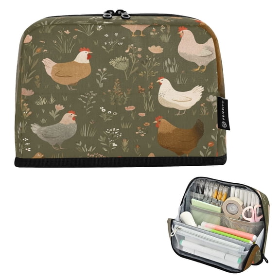 Standing Pencil Case with Base Large Capacity Stationery Pouch Pen Bag with Zipper for Women Men Chickens with Wildflowers and Grasses
