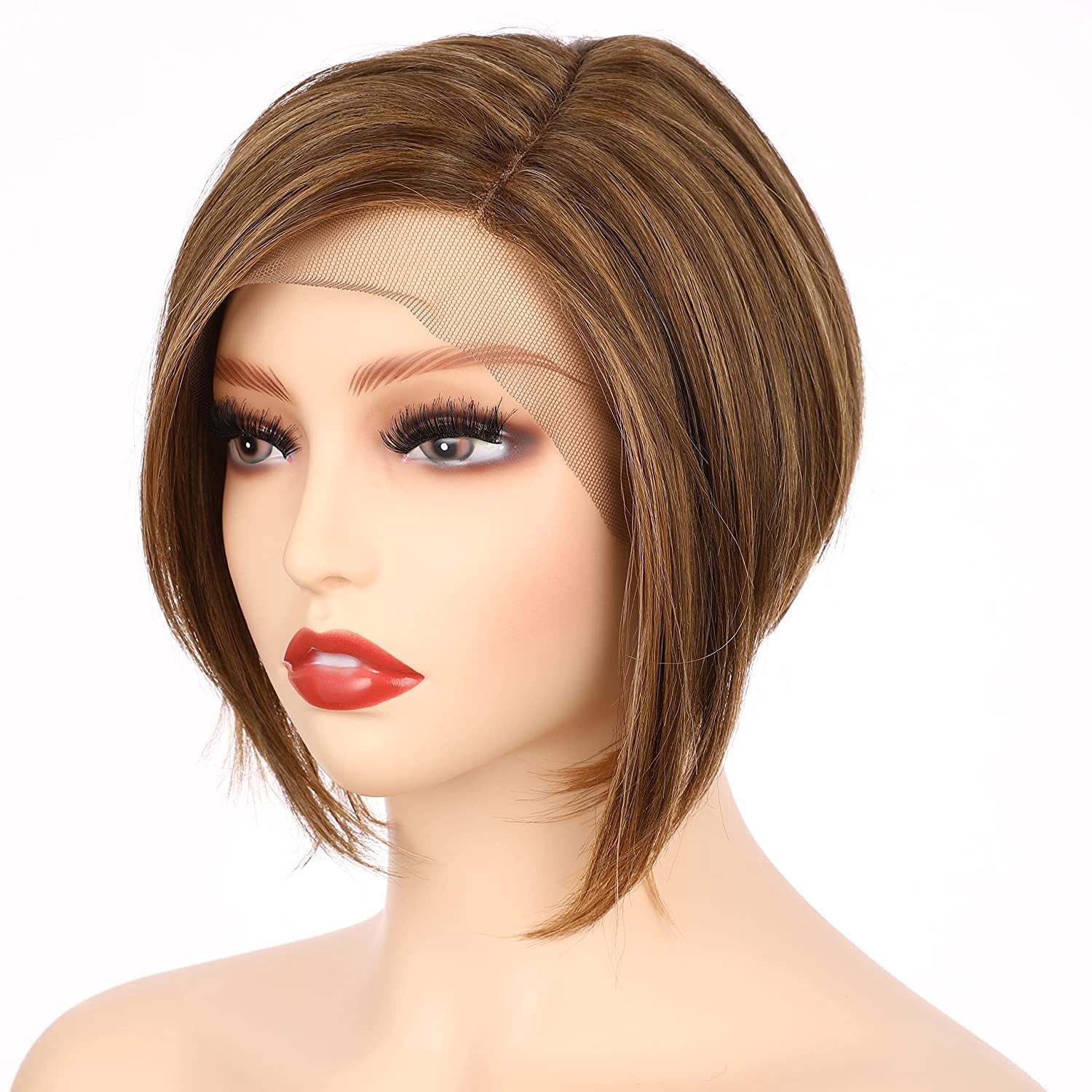 OneDor 8 Inch Angled Layers Lace Front Wig Relaxed Straight Bob Wig (Light Brown Evenly Blended with Dark Natural Blonde-RL12/16) …