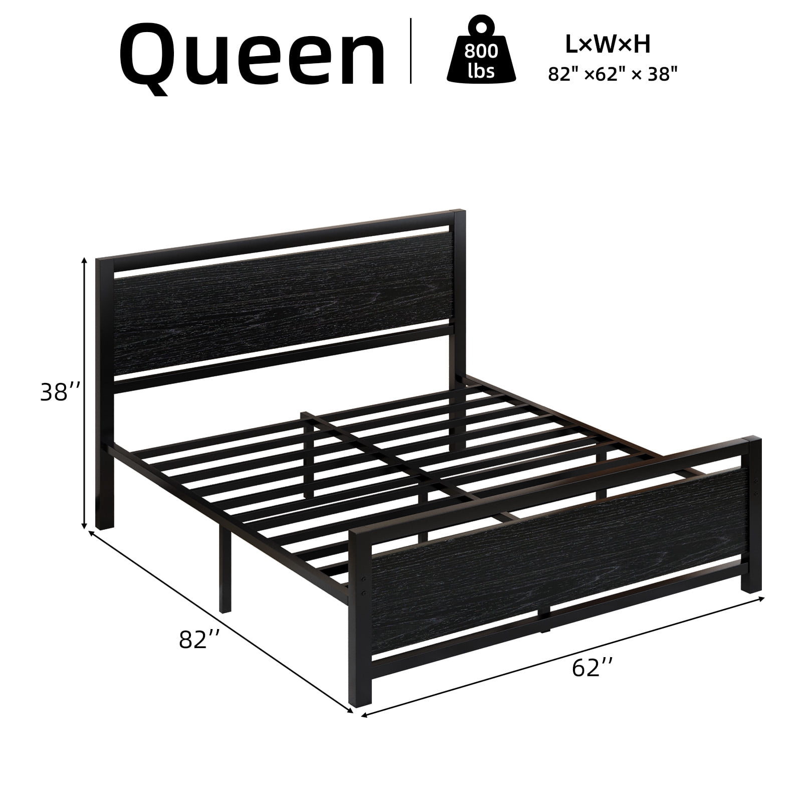 4 EVER WINNER Queen Bed Frames with Headboard, Industrial Style Queen Bed Frame with Storage, Queen Size Bed Frames with Wooden Footboard, No Box Spring Needed, Noise-Free, Easy Assembly, Black Brown