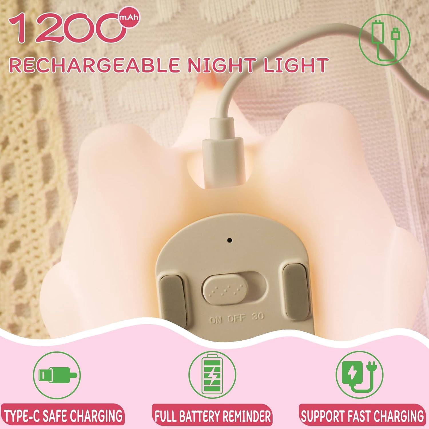 Night Light for Kids - 3-Level Dimmable Silicone Lamp, USB-C Rechargeable Nursery Light with Auto-Off Timer for Bedroom & Breastfeeding