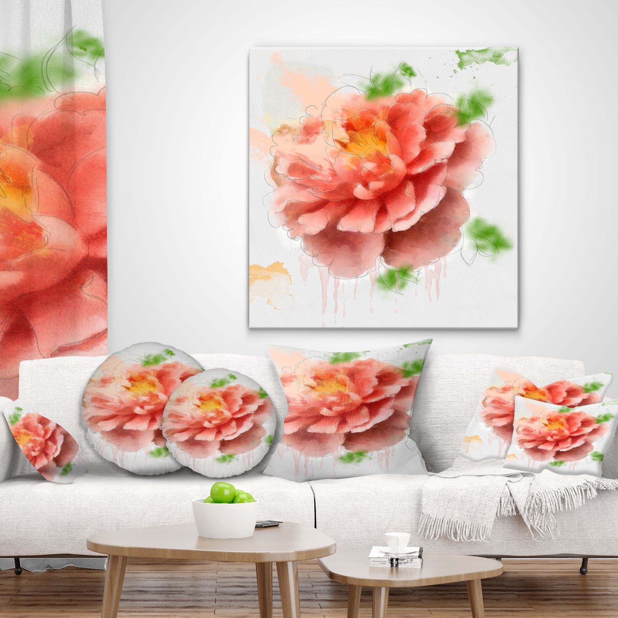 Designart Light Red Rose Sketch Watercolor - Floral Throw Pillow - 18x18
