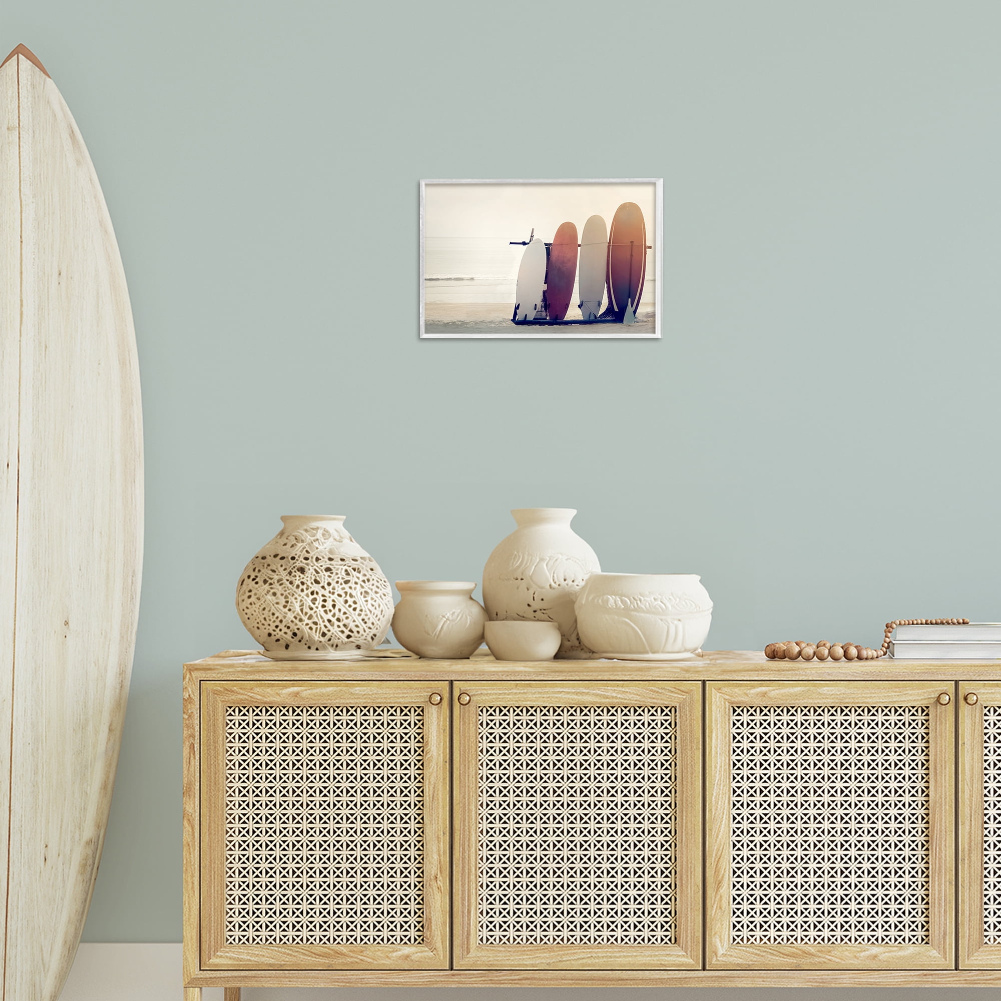 Stupell Industries Beach Surfboards Leaning Landscape Photography White Framed Art Print Wall Art, 18 x 12