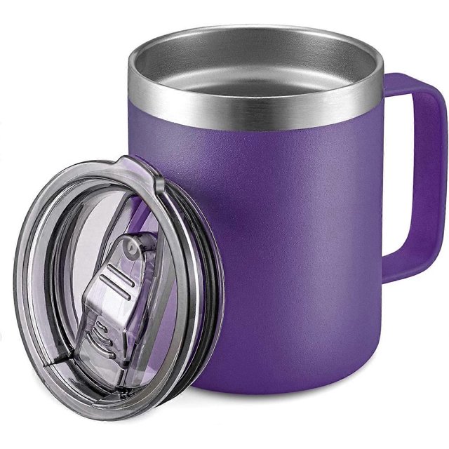 12oz Isolerad Kaffekopp i Rostfritt Stål med Handtag, Dubbelväggig Vakuum Resekopp, Tumblerkopp med Glidande Lock, Lila
