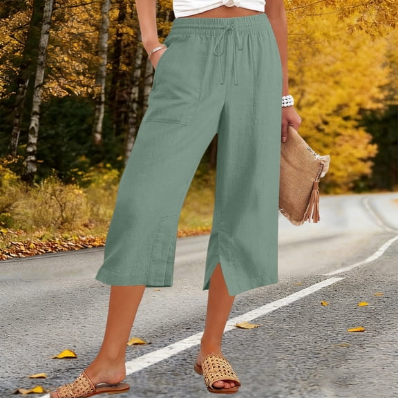 TaTaai Women's Cropped Pants for Women Solid Color Loose Straight Leg Side Slit Linen Capris with Pockets for Summer Daily Gift