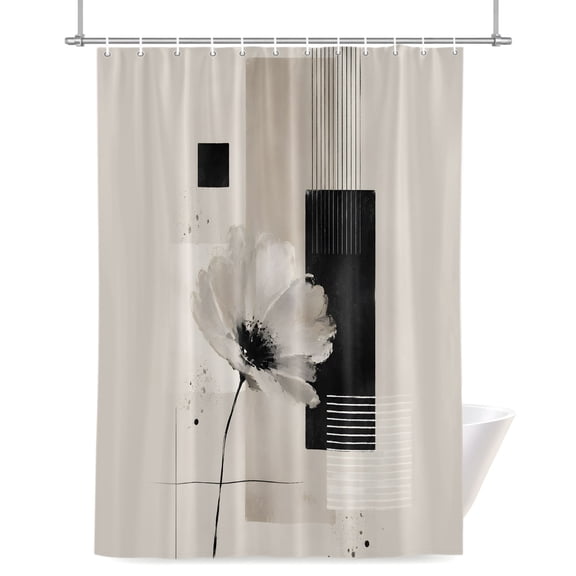 Modern Art Shower Curtain 36" x 72", Abstract Blooming Black Flower Beige Geometric Waterproof Bathroom Curtain Hotel Luxury Washable Shower Curtain Set with 12 Hooks