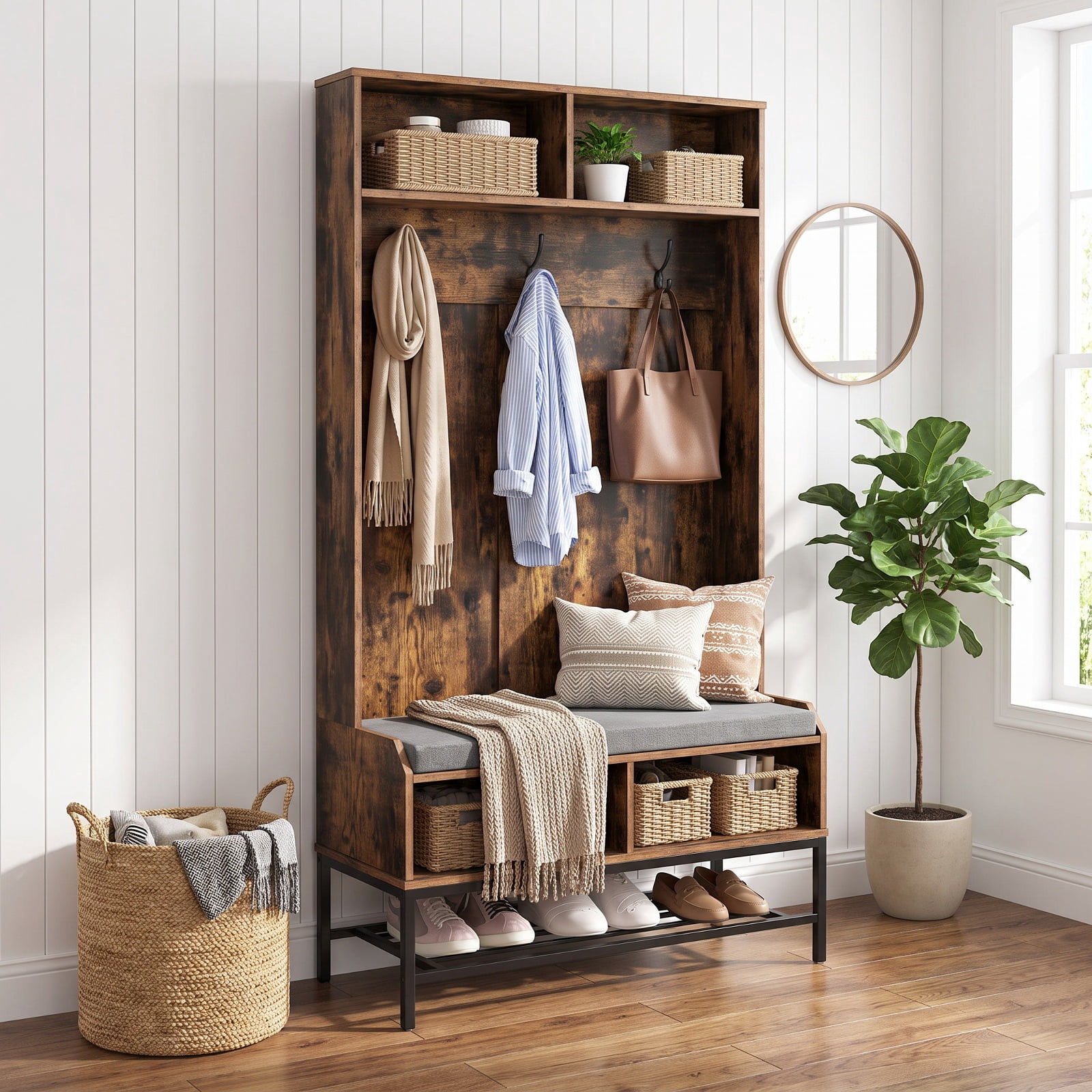 Furnibear 69 Inch Tall Hall Tree 4 in 1 Coat Rack with Cushioned Bench and Shoe Storage and Hooks for Entryway and Foyer, Rustic Brown