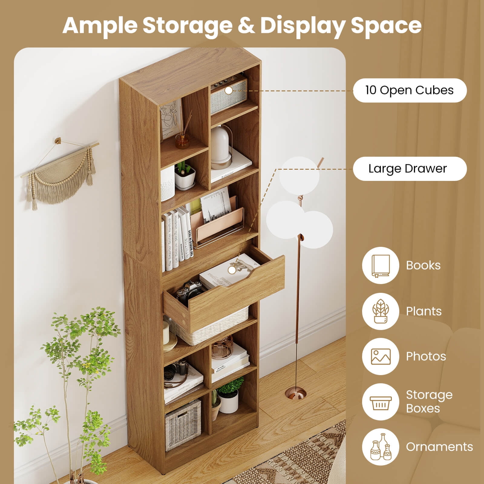 Costway 2 PCS 71” Bookcase with Drawer 10 Open Cubes Anti-toppling Kits for Living Room Natural