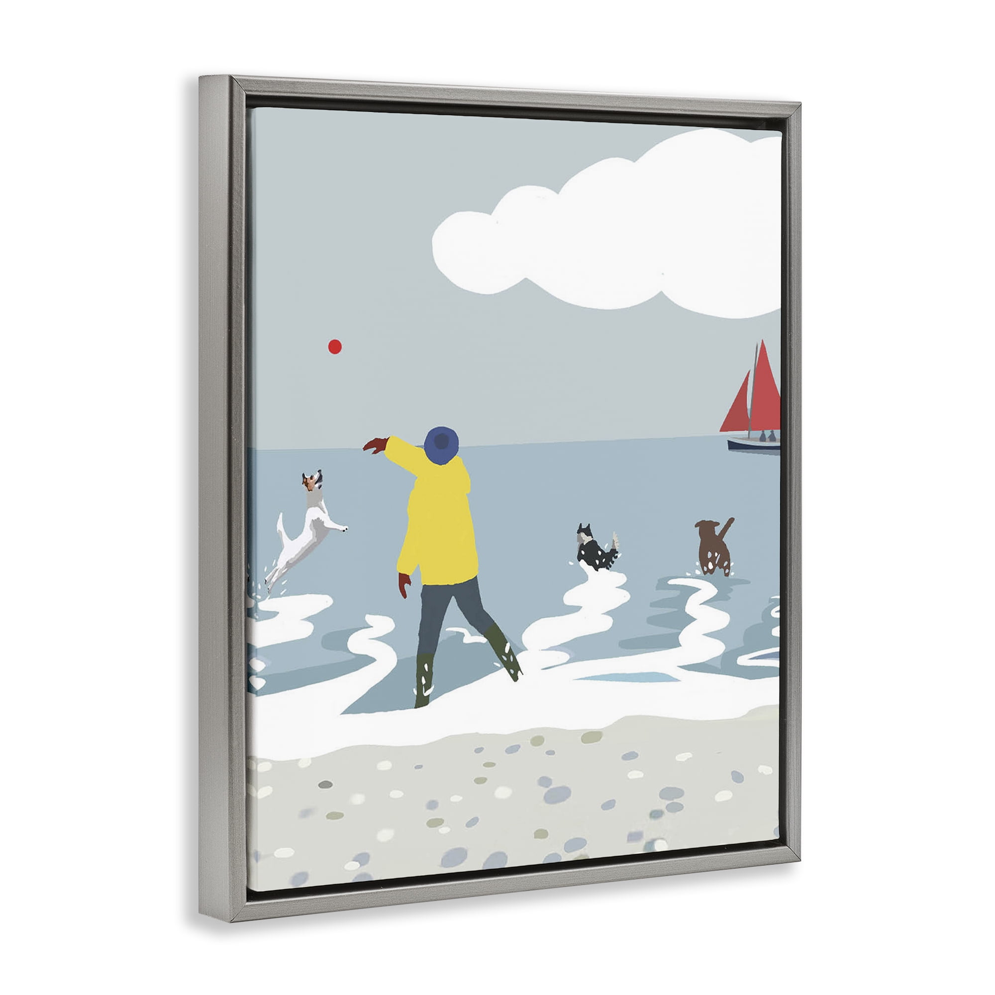 Stupell Industries Catching Ball on Beach Nautical & Beach Painting Gray Floater Framed Canvas Art Print Wall Art, 17 x 21