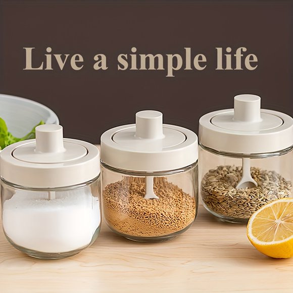 3-Piece Dorn Essentials Seasoning Set - Aesthetic Spice Jars with lids & Scoop, Modern MSG, Salt & Pepper Containers, Enhance Kitchen Decor & Food Storage
