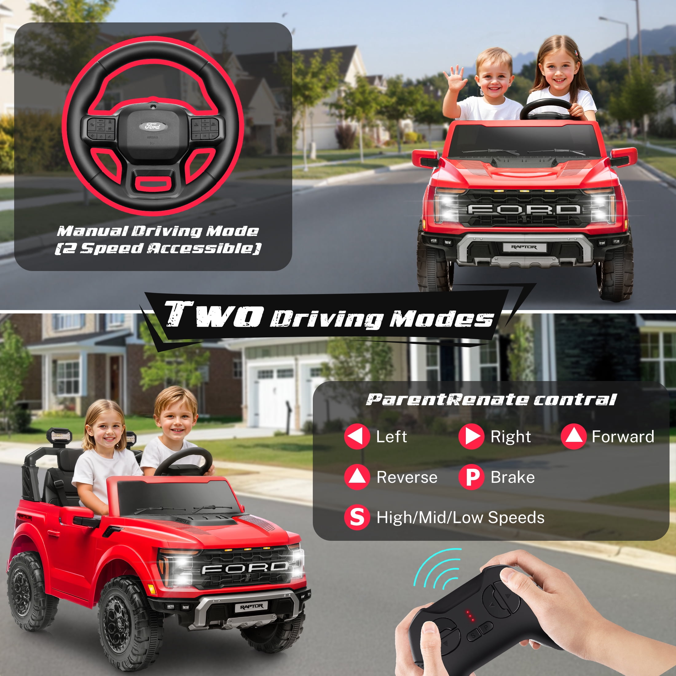 Ford F150 Raptor 2 Seater Ride on Toy Trucks for Kids, 24V Powered 2 Seat Ride on Cars with Remote Control/4 Wheelers/LED/Bluetooth/ Truck Bed Storage/Soft Start, Kids Electric Cars for Boys Girls