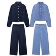 thumbnail image 2 of HH TRAF 2024 Conjunto de mujer Camisa vaquera de un solo pecho con bolsillo y cuello vuelto + pantalones vaqueros con cordones de cintura alta Traje de otoño para mujer de moda, 2 of 5