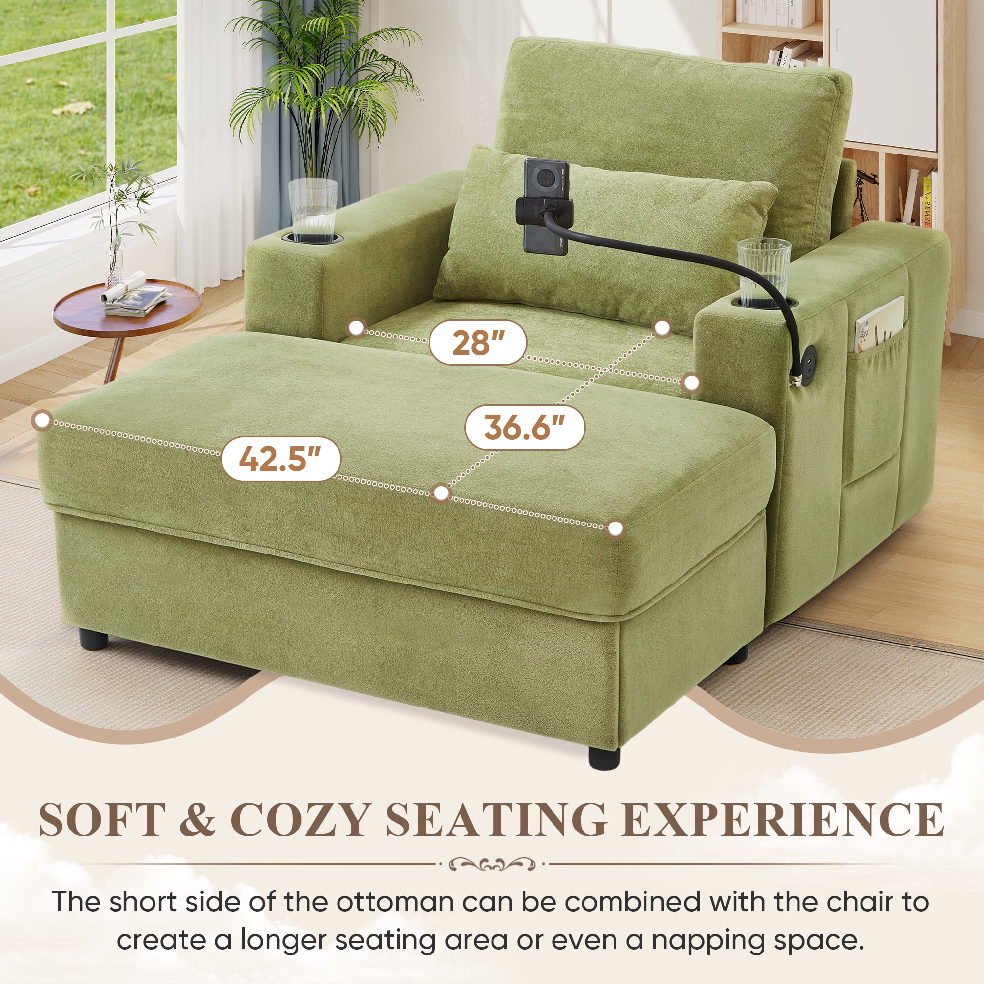 Lunale Accent Chair with Ottoman, Indoor Lounge Chair with USB & Storage, Modern Upholstered Sofa Armchair for Living Room, Bedroom, Apt., Green Chenille
