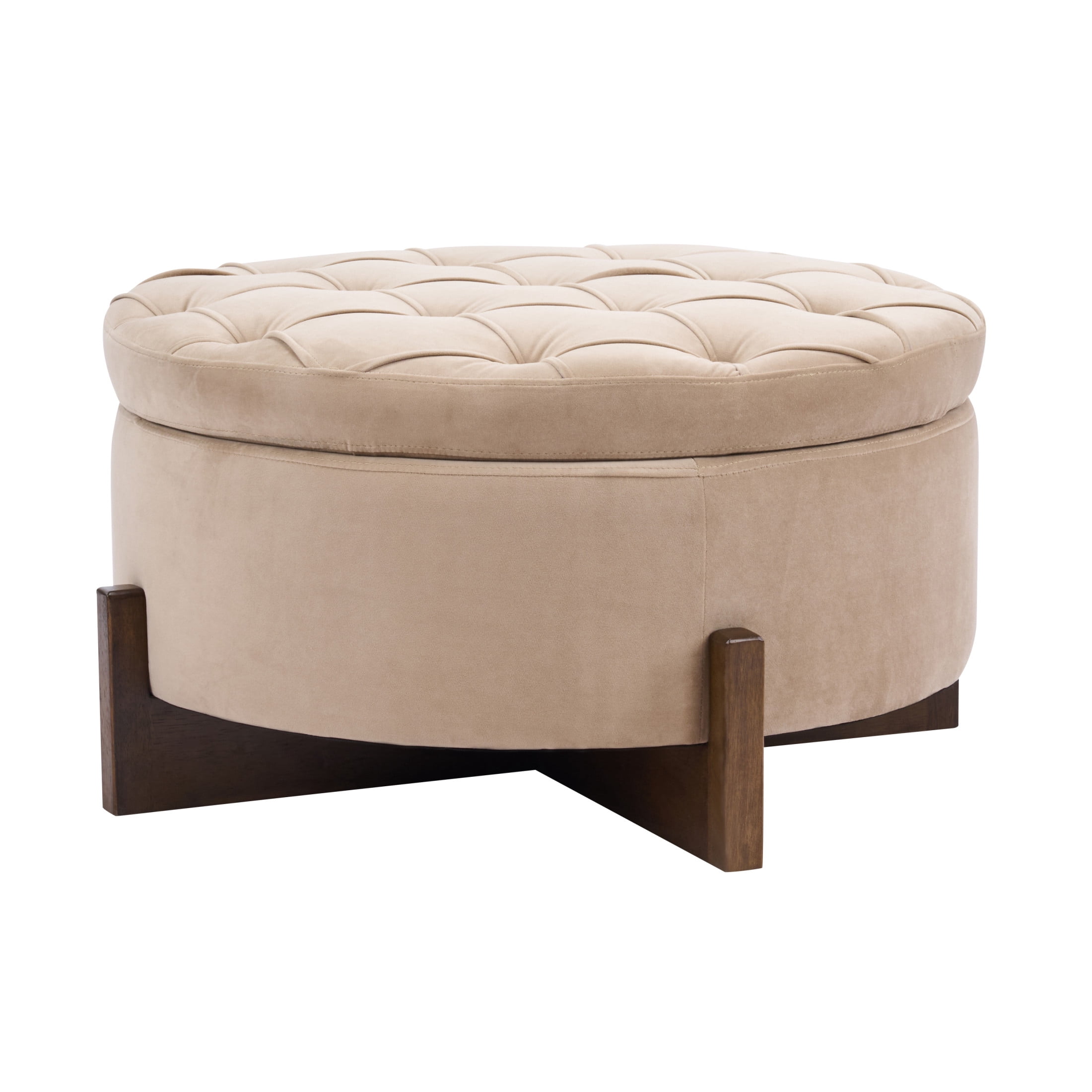 Christopher Knight Home Round Storage Ottoman with Reversible Lid, Tufted Velvet Coffee Table, Camel