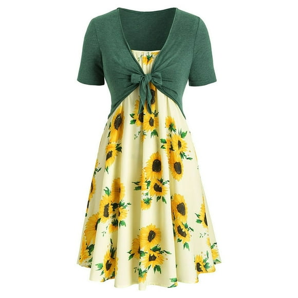 Women Short Sleeve Bow Knot Bandage Top Sunflower Print Mini Dress Suit Dress