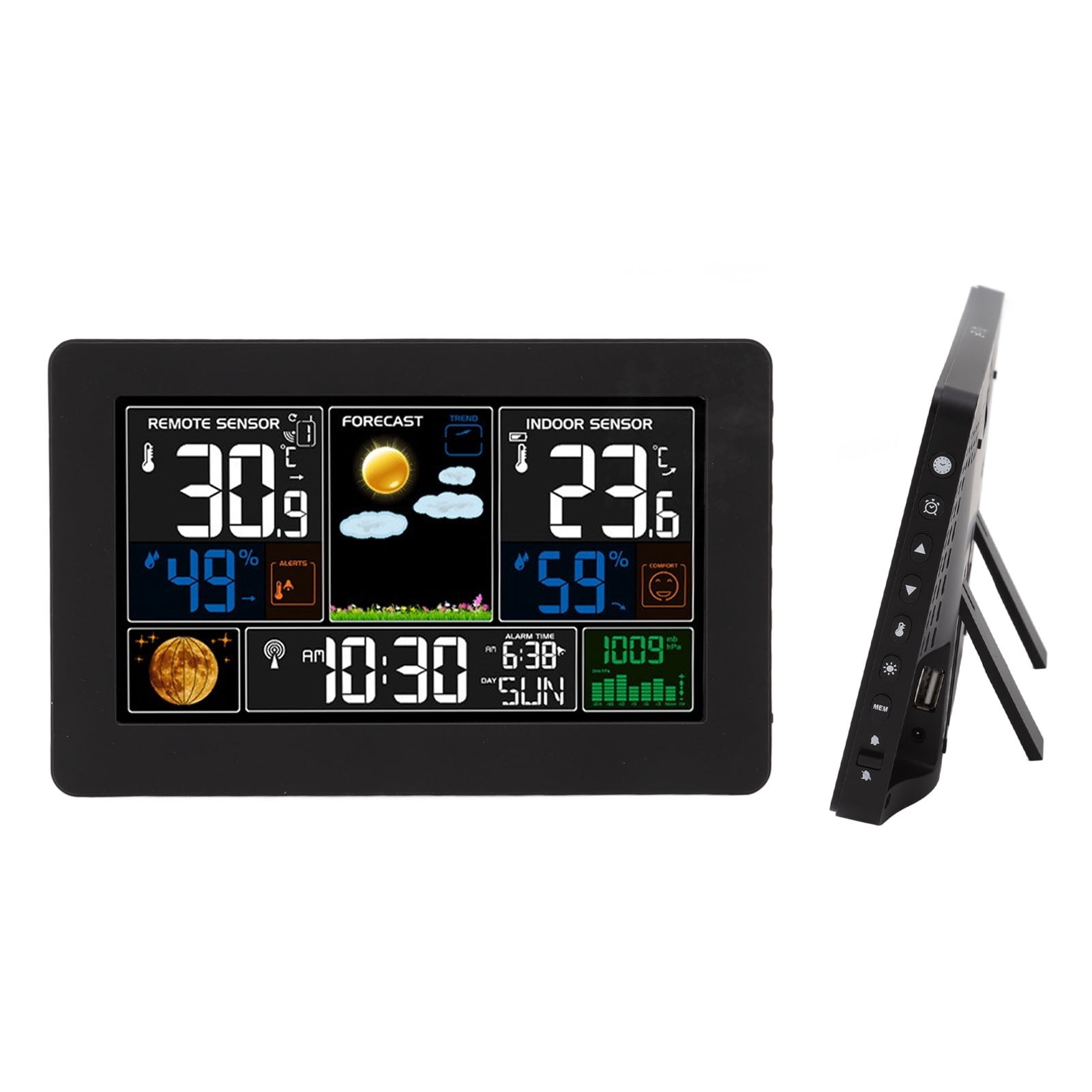 Nieyigj Multifunctional Weather Station Clock Large Color Display For Indoor Outdoor Temperature Humidity Air Pressure US Plug 100-240V Black Edition